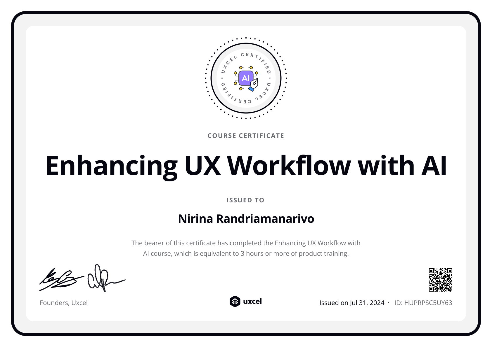 Nirina's certificate